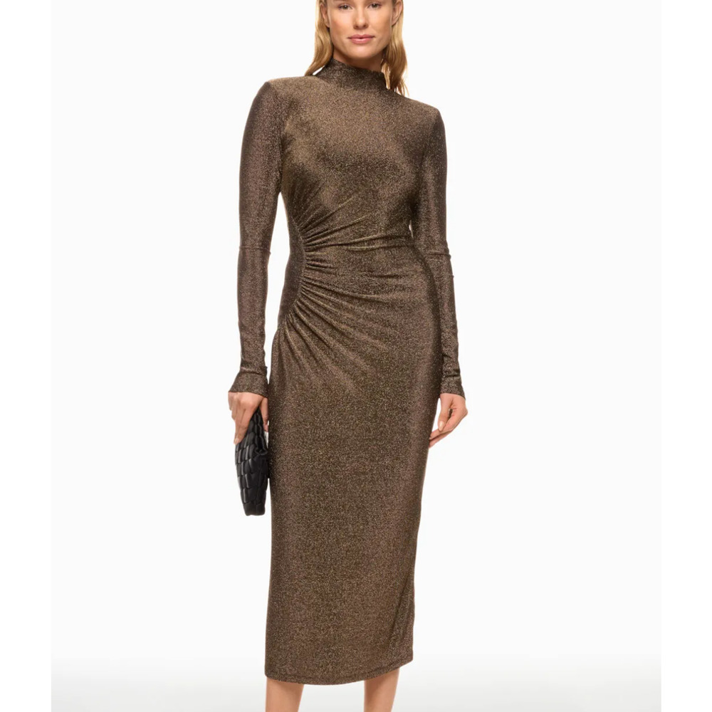 Ramy Brook Gold Black Midi Dress XL Bodycon Ruched Turtleneck Cocktail $400